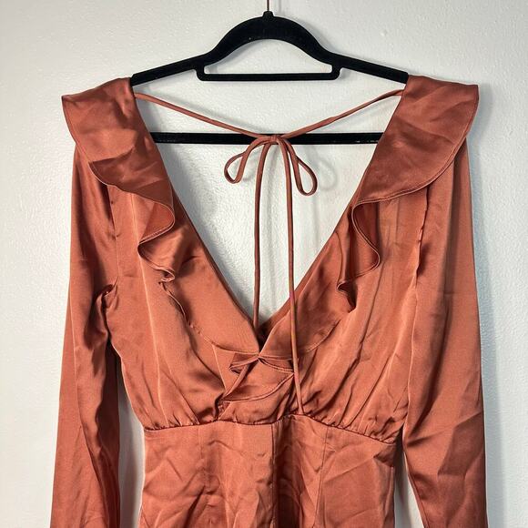 Majorelle X Revolve Dress Nelly Ruffle Surplice Shirred Mini Terracotta Brown S - Picture 10 of 10